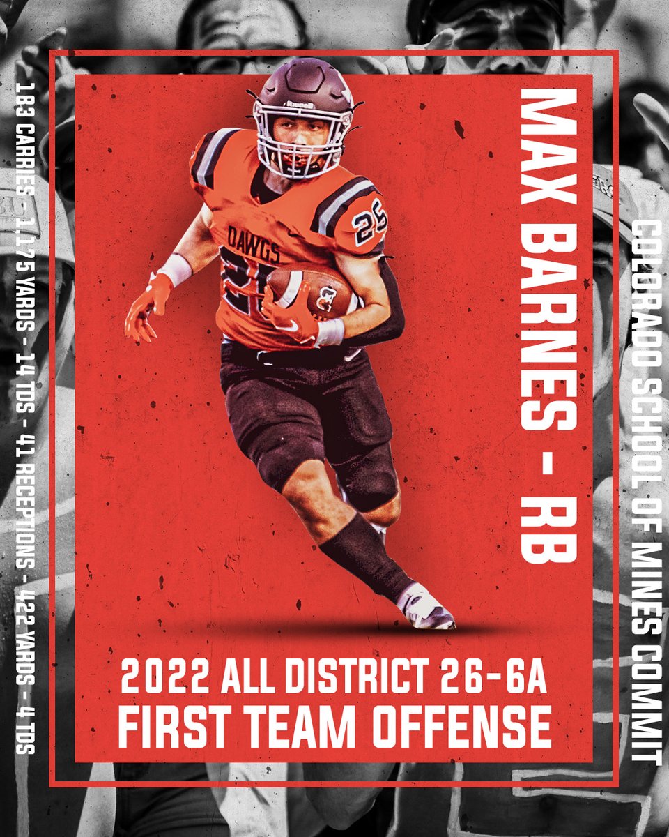 Bowie Football Recruiting (@bowie_football) on Twitter photo Congrats <a href="/maxbarnes25/">Max Barnes</a> 2023-RB
- 2022 ALL DISTRICT 26-6A FIRST TEAM OFFENSE
- <a href="/BowieDawgs/">Bowie Football</a> 2023 "Offensive MVP"
- <a href="/MinesFootball/">Mines Football</a> COMMIT <a href="/coachTthomas6/">Tripp Thomas</a>
183 Carries | 1,175 Yards | 14 TDs
41 Receptions| 422 Yards | 4 TDs
#recruit512 Congrats <a href="/maxbarnes25/">Max Barnes</a> 2023-RB
- 2022 ALL DISTRICT 26-6A FIRST TEAM OFFENSE
- <a href="/BowieDawgs/">Bowie Football</a> 2023 "Offensive MVP"
- <a href="/MinesFootball/">Mines Football</a> COMMIT <a href="/coachTthomas6/">Tripp Thomas</a>
183 Carries | 1,175 Yards | 14 TDs
41 Receptions| 422 Yards | 4 TDs
#recruit512