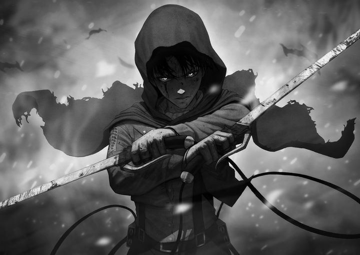 1boy belt blood cape dual wielding greyscale holding  illustration images