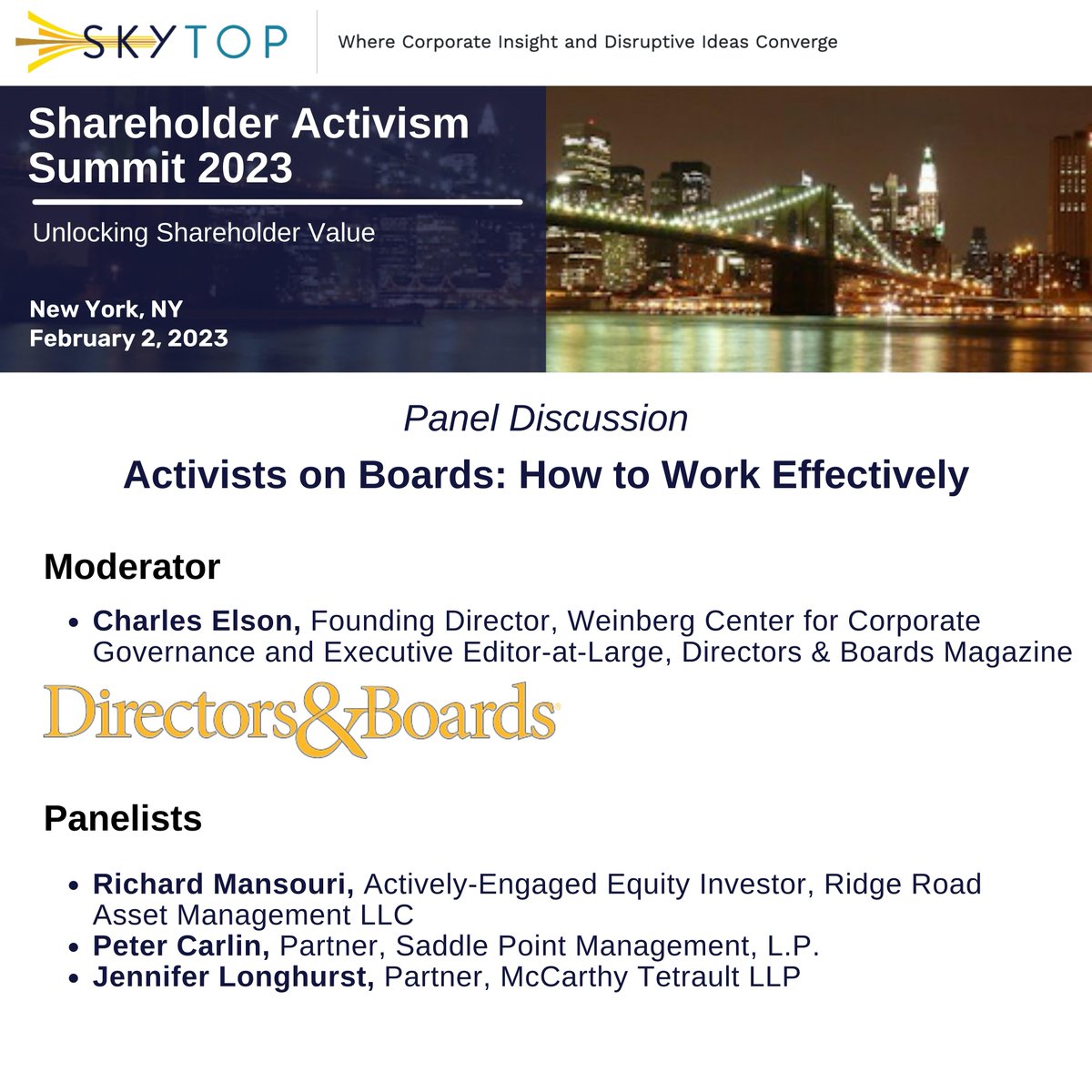 Join Top Activists For Insights On The Next Wave of Shareholder Activism.
We have a special rate of $995!

Register Now: hubs.li/Q01yW4yV0
Contacta Us: js@skytopmediagroup.com

#shareholder #activism #activist #boarddirector #generalcounsel #investors #skytopstrategies