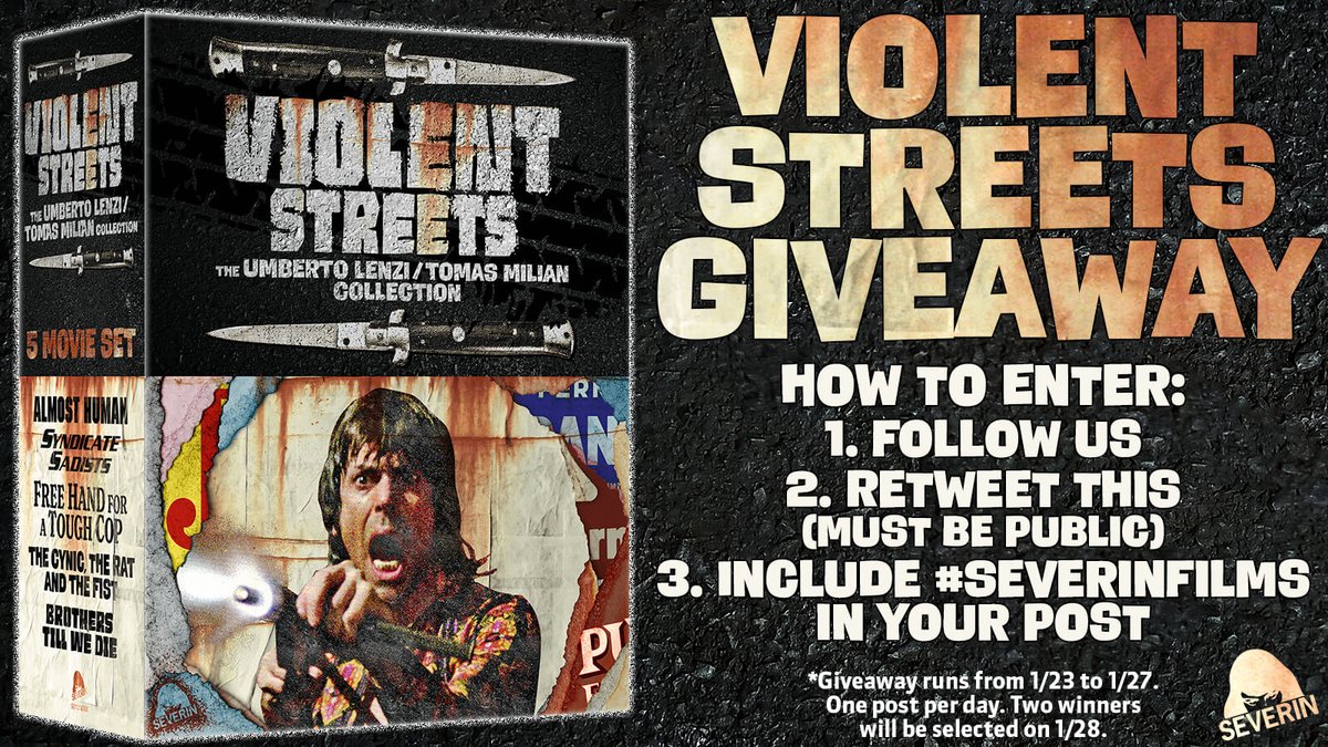 Buongiorno! We're doing a very special giveaway of our brand new box set - Violent Streets: The Umberto Lenzi/Tomas Milian Collection! The giveaway runs from 1/23 - 1/27 and two winners will be selected on 1/28. All you need to do to enter is follow the directions below: