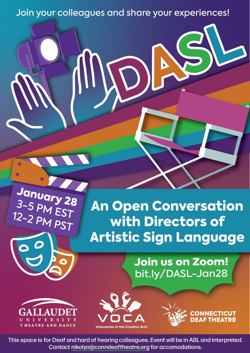 Do you have experience as a Director of Artistic Sign Language? We need you!

@gallytheatre, @OfVoca, and CDT have teamed up to host an Open Conversation for DASLs! Happening on January 28 from 3-5 pm EST, we will be discussing various topics and we would love your perspective!