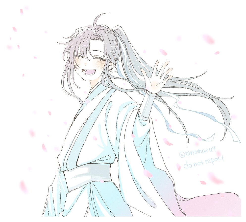1boy closed eyes long hair male focus open mouth petals ponytail  illustration images