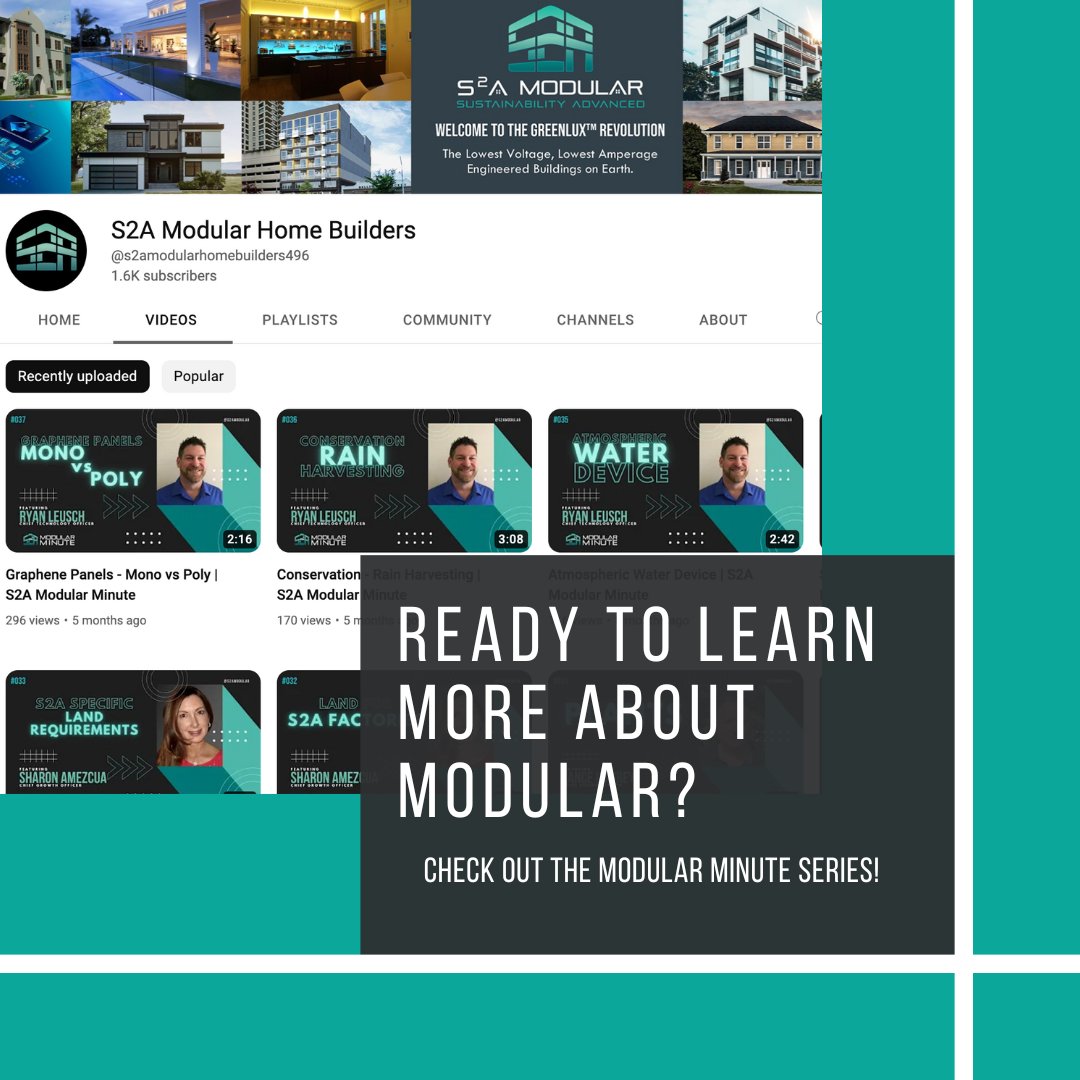 Don't have a lot of time on your hands, but interested in learning about modular homes? Check out our Modular Minute segment in the link below, to learn all about why you should go modular in 2023. 
youtube.com/@s2amodularhom… 
#Modular #Construction #S2AModular #Sustainability
