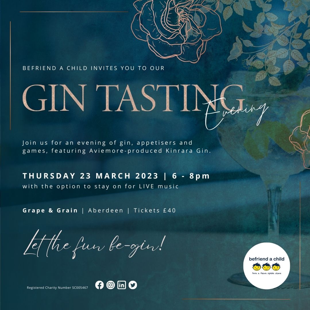 LET THE FUN BE-GIN! 🍸

Join Befriend a Child on Thursday the 23rd of March 2023 at <a href="/GrapeGrainWine/">Grape & Grain</a> for an evening of #gintasting with Aviemore’s Kinrara Distillery.

We have LIMITED tickets for this #event -- book here >> bit.ly/gin-tasting-20… 
#charity #fundraising #aberdeen