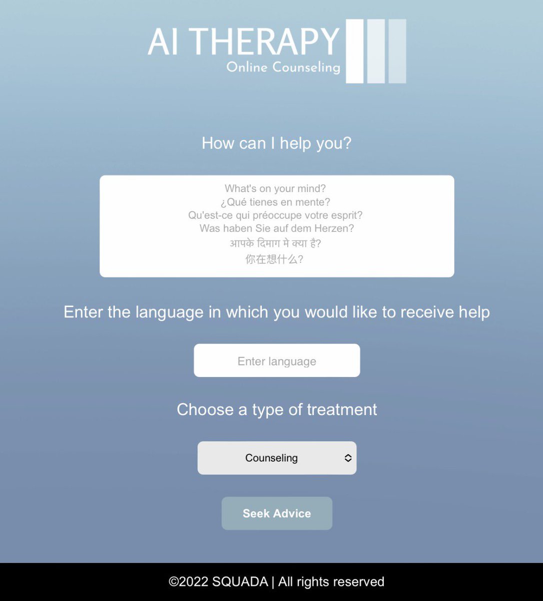 Presentamos nuestra aplicación de terapia de IA multilingüe con 7 métodos psicológicos para la superación personal. Maneje su salud mental desde la comodidad de su hogar en su idioma preferido. #saludmental #terapia #superación personal #AI

ai-therapy.io