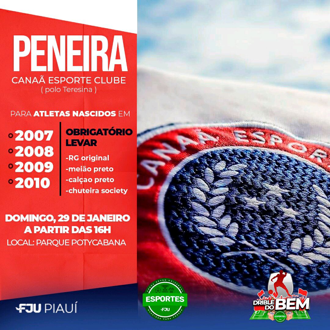 fjupiaui's tweet photo. A FJU Piauí, através do Projeto Esportes, realizará nesse Domingo (29) a peneira para a Escolinha do Canaã Esporte Clube (Polo Teresina), com o intuito de arrecadar alimentos.
OBS: As inscrições são 2 Kg não perecíveis, e será feita no local.

#VemPraFJU #FJUPI #VemSerFeliz https://t.co/ryvhxdNSuk