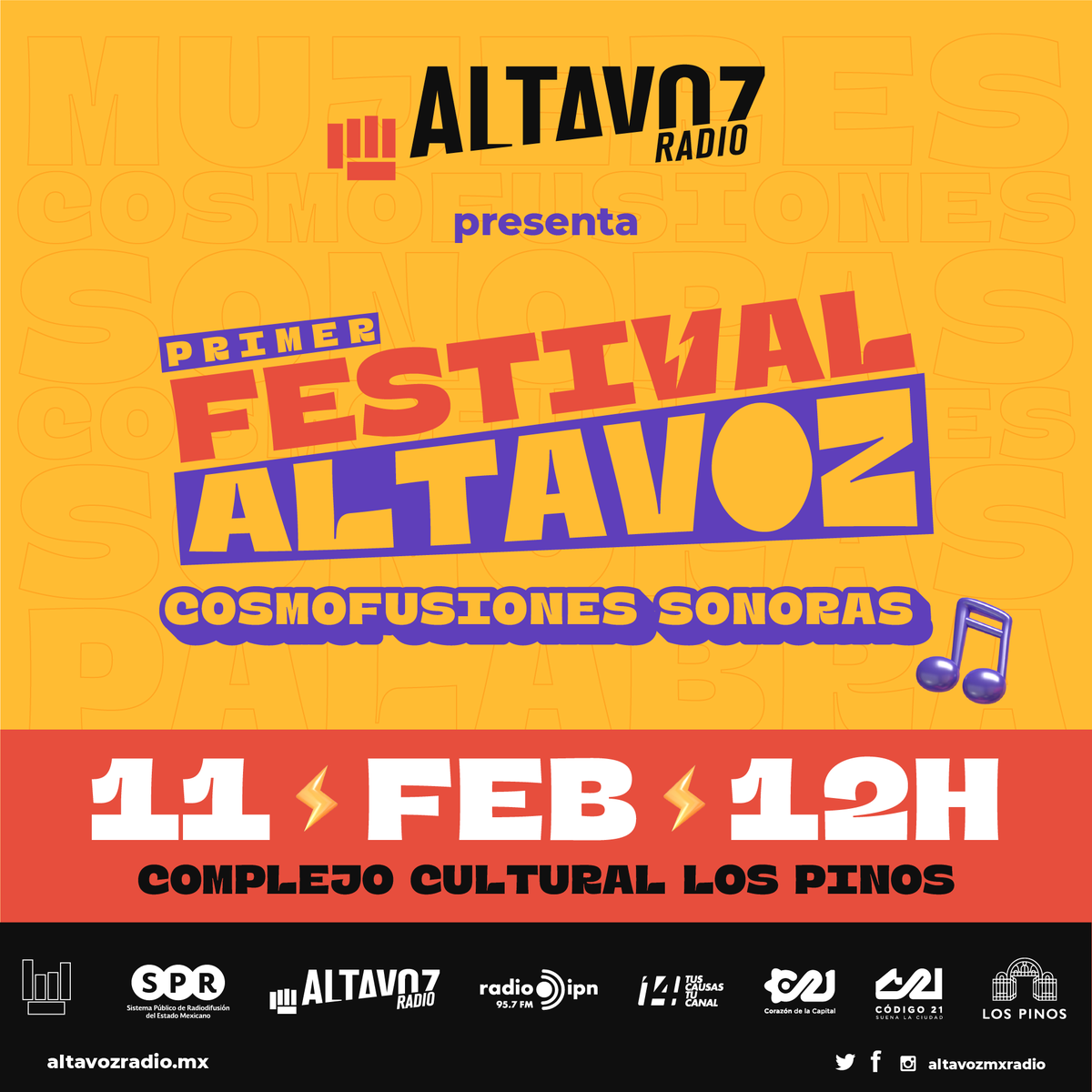 altavozmxradio's tweet photo. ¡Festejamos 3 años contigo!

Y lo hacemos en grande desde el @CC_LosPinos en el 📣#PrimerFestivalAltavoz, ¿te sumas?

#EntradaLibre
📍 Complejo Cultural Los Pinos 
📆Sábado 11 de febrero 
⏰12h

@CC_LosPinos, @RadioIPNOficial, @Capital_21 y @canalcatorcemx invitan https://t.co/7o3I72tYQy