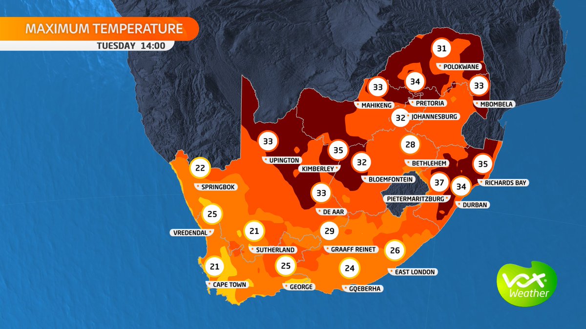 VoxWeatherZa's tweet photo. WEATHER MAPS and WARNINGS for this Tuesday โ 24 January 2023
๐ฅต HEATWAVE!! ๐ฅต
A heatwave with persistently high temperatures is expected over #GAUTENG and KwaZulu-Natal until Tuesday.
#voxweather #heatwave #Gauten https://t.co/QRp1jM2KOM