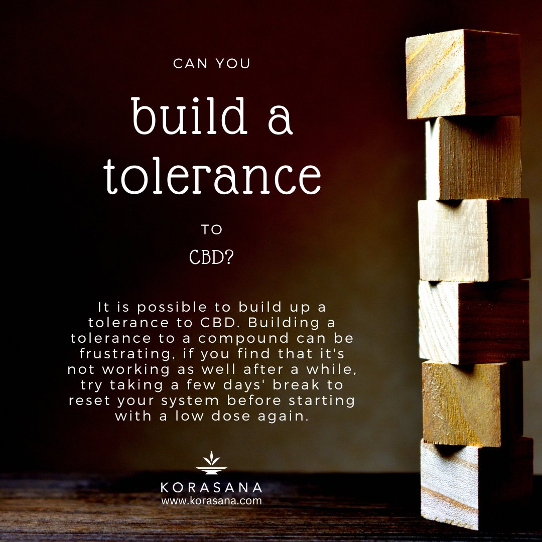 Can you build a tolerance to CBD? 

It is possible to build up a tolerance to #CBD. If you find that it's not working as well after a while, try taking a few days' break to reset your system before starting with a low dose again. 

#cbd101 #cbdinfo #cbdeducation #cbdproducts