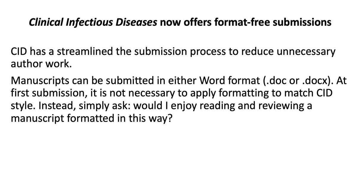 Paul Sax (@paulsaxmd) on Twitter photo Hey #IDTwitter, especially those out there doing clinical research: Excited that <a href="/CIDJournal/">Clinical Infectious Diseases</a> now offers format free submissions.
Another big change coming soon -- stay tuned!
academic.oup.com/cid/pages/Manu… Hey #IDTwitter, especially those out there doing clinical research: Excited that <a href="/CIDJournal/">Clinical Infectious Diseases</a> now offers format free submissions.
Another big change coming soon -- stay tuned!
academic.oup.com/cid/pages/Manu…