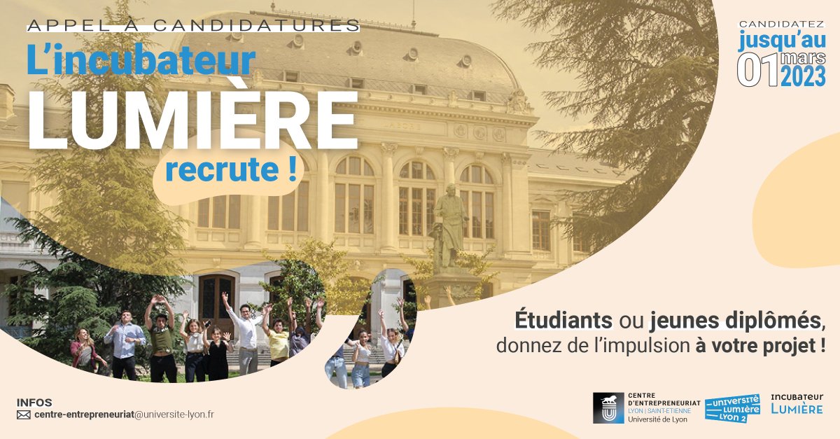 Centre d'Entrepreneuriat Lyon Saint-Etienne (@ce_lyon_se) on Twitter photo Appel à candidatures - Incubateur Lumière
Jeune et entrepreneur, c'est possible !
C’est l’heure du recrutement du côté de l’incubateur Lumière - <a href="/univ_lyon2/">Université Lumière Lyon 2</a>.
🗓 Candidatez jusqu’au 01/03.
➡ + d'infos ici : bit.ly/3weAegX
<a href="/UniversiteLyon/">Université de Lyon</a> Appel à candidatures - Incubateur Lumière
Jeune et entrepreneur, c'est possible !
C’est l’heure du recrutement du côté de l’incubateur Lumière - <a href="/univ_lyon2/">Université Lumière Lyon 2</a>.
🗓 Candidatez jusqu’au 01/03.
➡ + d'infos ici : bit.ly/3weAegX
<a href="/UniversiteLyon/">Université de Lyon</a>