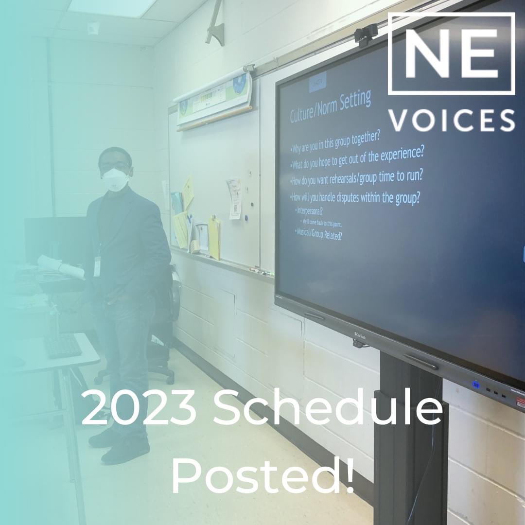 We're finally in the home stretch now! The full schedule for #nevoices2023, including workshops, masterclasses, and acapops, can now be found on our website! Check it out at ne-voices.com/schedule.html.

Which class are you the most excited for?!