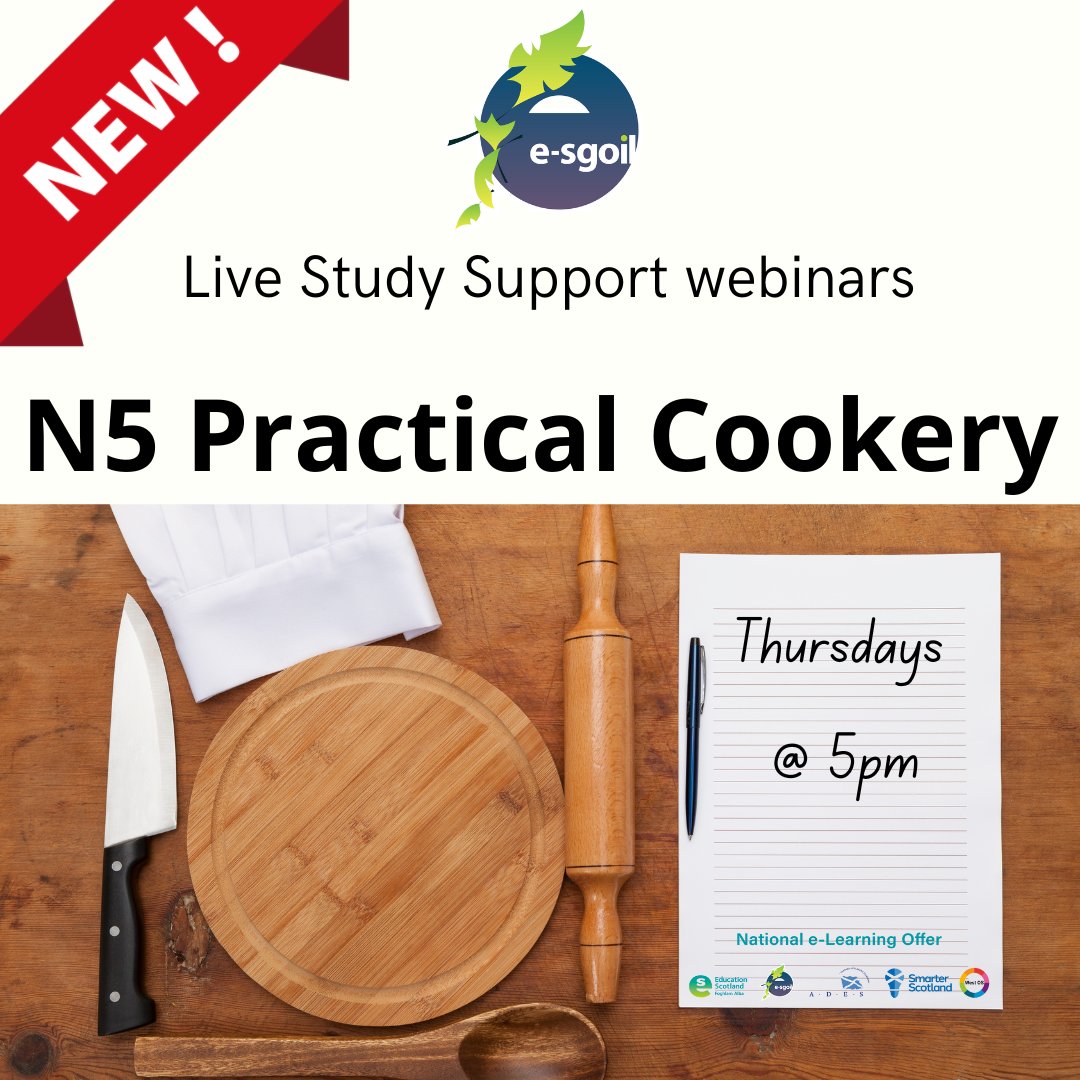 e-Sgoil (@esgoil) on Twitter photo Studying N5 Practical Cookery?
Why not sign up for our brand new live study support webinars for this subject.
These will run on Thursdays at 5pm in MS Teams via Glow.
More information and sign up here:
e-sgoil.com/study-support/
#NeLO <a href="/EducationScot/">Education Scotland</a> Studying N5 Practical Cookery?
Why not sign up for our brand new live study support webinars for this subject.
These will run on Thursdays at 5pm in MS Teams via Glow.
More information and sign up here:
e-sgoil.com/study-support/
#NeLO <a href="/EducationScot/">Education Scotland</a>