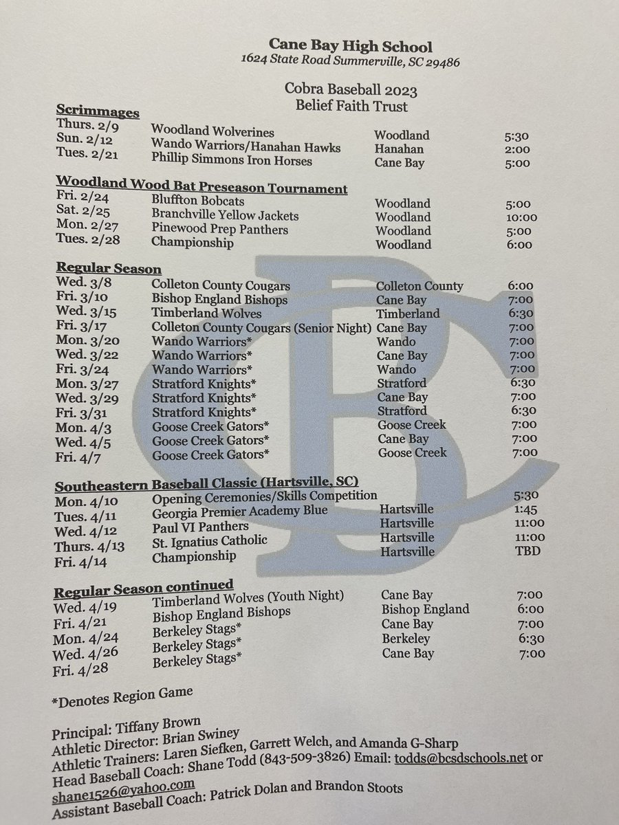 2023 Varsity Schedule
