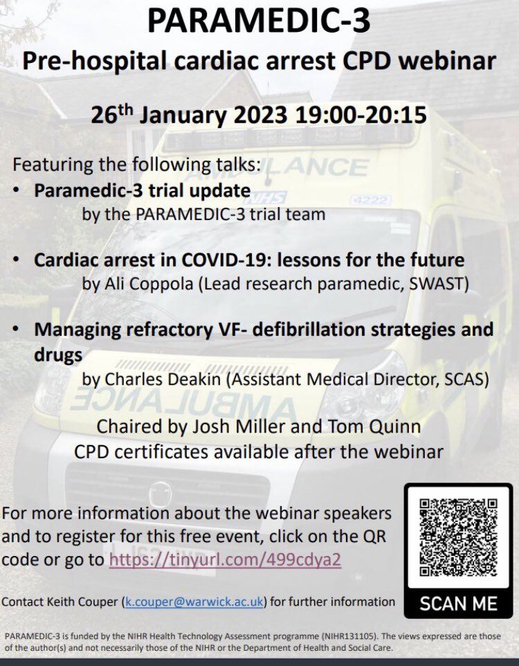 Any <a href="/swasftResearch/">SWASFT Research</a> <a href="/SwastClinical/">SWASFT Clinical Leads</a> <a href="/swasFT/">South Western Ambulance Service</a> staff interested to learn more about cardiac arrest? 

Updates on #paramedic3 trial, strategies for managing refractory VF and an overview from our own @Coppola_AJ on the impact of COVID on resuscitation 
Sign up tinyurl.com/499cdya2