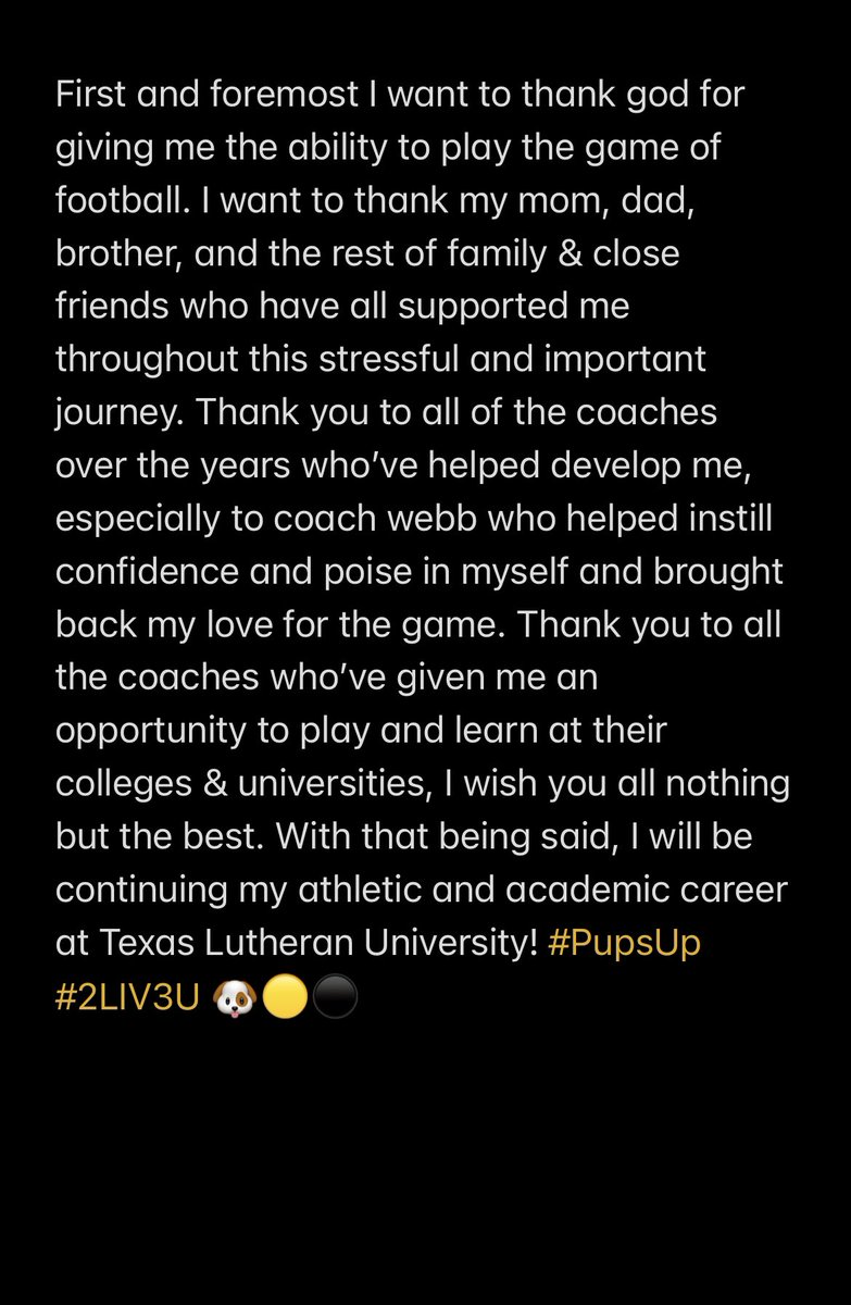 LucianoTrejo50's tweet photo. 100% Committed. @TLU_Football 
🐶🟡⚫️ #PupsUp #2LIV3U https://t.co/XqEDdmvsE4