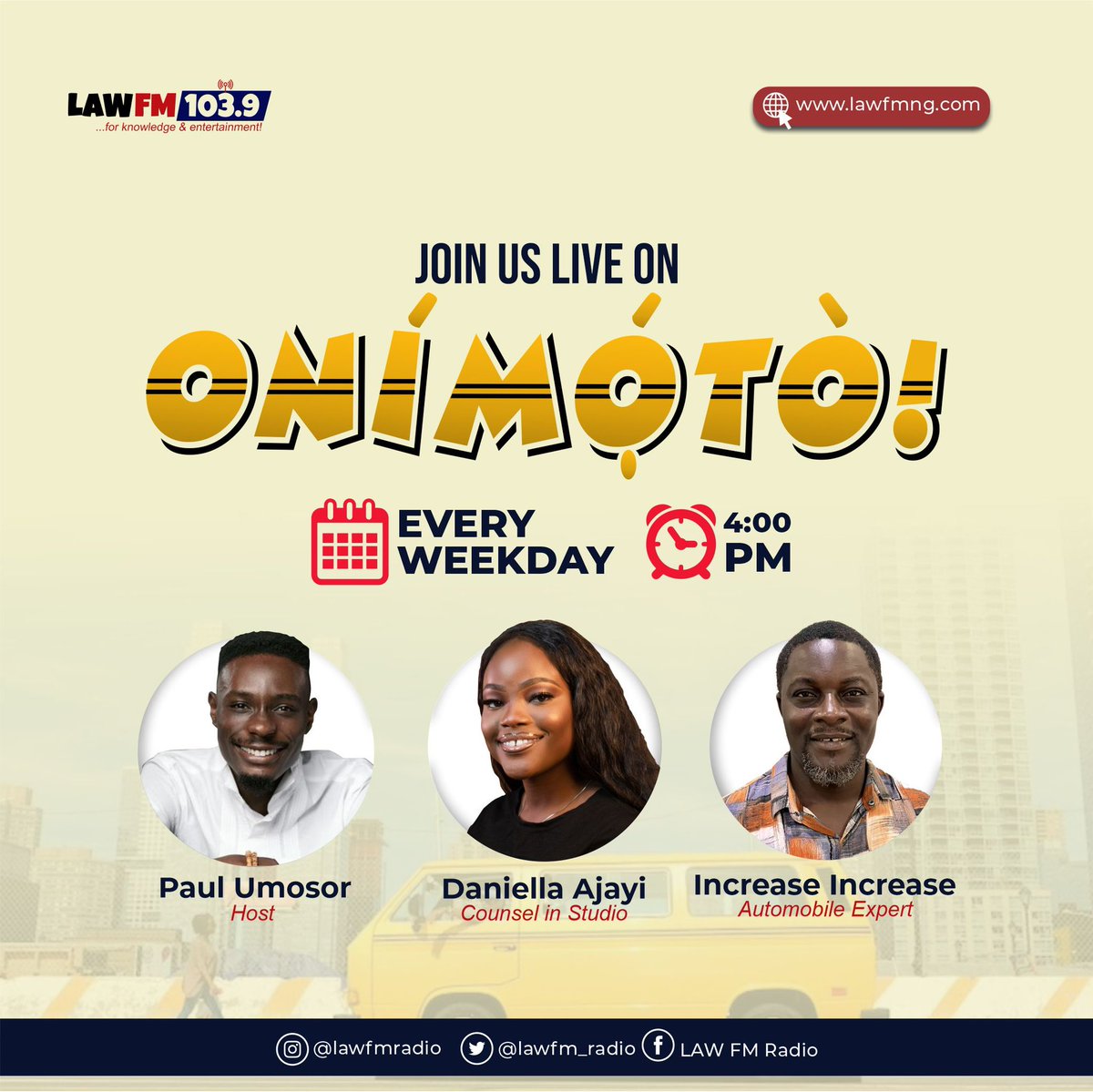 lawfm_radio's tweet photo. What are the major differences between private and commercial number plates?

Join the conversation with @paul_umosor on #Onimoto with @DaniellaOAjayi1 and @radiomech88 

Studio lines📲: 07032277338, 09095551039 

Listen online 📻 at https://t.co/Sol7qvWxJd

#LAWFM #Radio https://t.co/qFhNfmTPrt