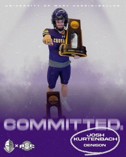 JoshuaKurtenba2's tweet photo. Honored and Humbled to announce I’m furthering my academic and football career at the University of Mary Hardin Baylor!!💜💛💜💛 #GoCru @coachmcarey @CoachHuschka @Coach_LHarmon Excited for this new chapter!!!💛💜 https://t.co/qV4rw7H9v1