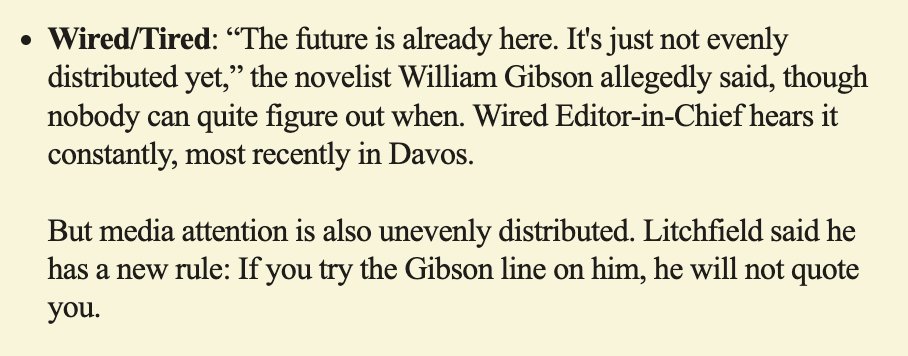 The @GreatDismal on NPR in 1999 to @OTMBrooke at 11:20 mark: 'As I've said many times, the future is already here, it's just not very evenly distributed.' 

npr.org/2018/10/22/106…

cc @semaforben @glichfield