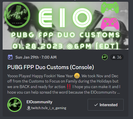 Less than a week to register in the EIO duo Customs this weekend! I've been lucky to be apart of the last 3 events and it's always an amazing time! Spots still available! An amazing networking opportunity for upcoming streamers too! <3 discord.gg/kuf3Ua6RUa?eve…
