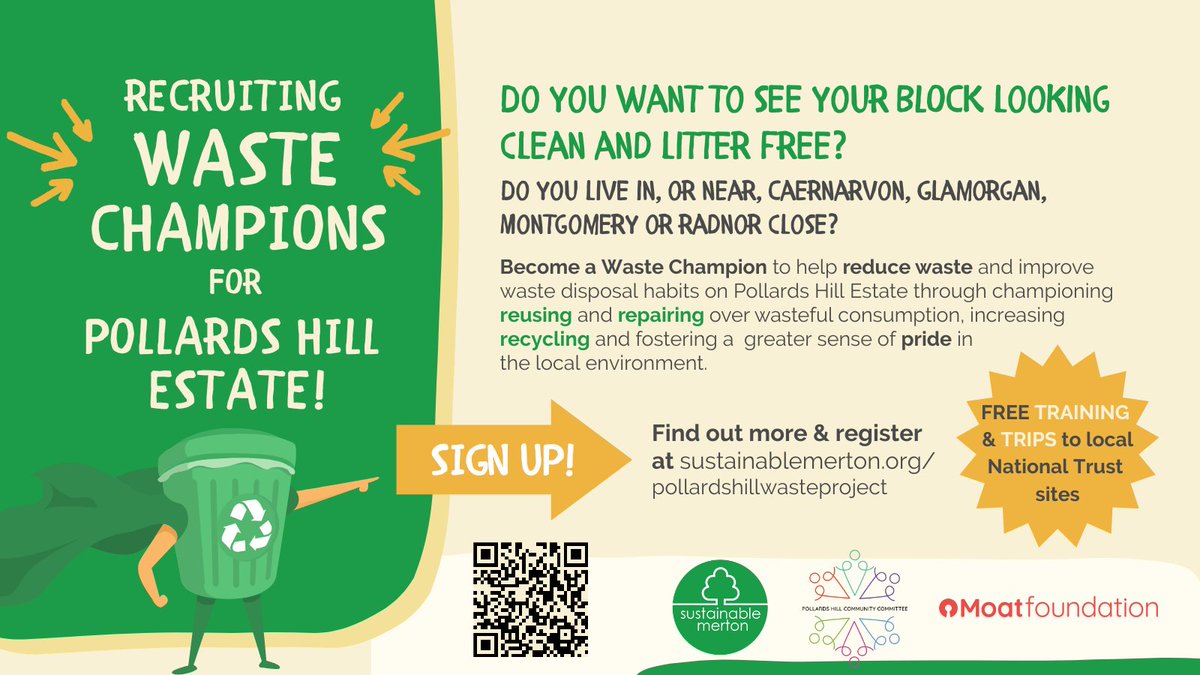 Do you live in, or near, #PollardsHill Estate? Do you want to see your block looking clean & litter free? Become a 🌟#WasteChampion🌟 to improve waste disposal habits through championing #reuse & #repair, reducing consumption & increasing recycling ♻️ ➡️ sustainablemerton.org/pollardshillwa…