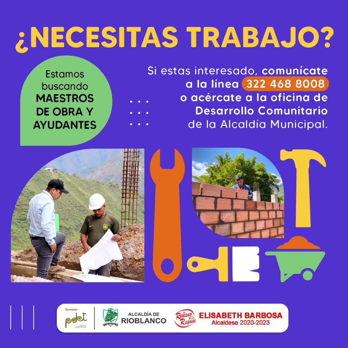DeRioblanco's tweet photo. #Trabajo | 🏗👷🏻‍♂️ Estamos en búsqueda de maestros de obra y ayudantes para trabajar en los proyectos que tenemos en sectores de nuestro municipio, comunícate a la línea que aparece en esta imagen y aprovecha esta oportunidad laboral. 

@elisabethriob 
Alcaldesa #RioblancoResponde https://t.co/NYaf2s0aVE
