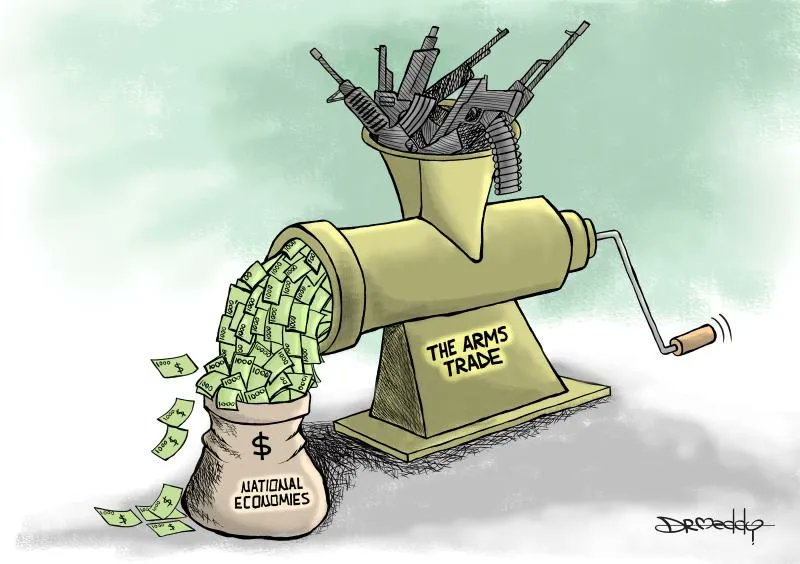 The arms trade is worth billions of dollars. Cartoon by @dr_meddy: cartoonmovement.com/cartoon/myth-4…

#weapons #money #profit #greed #armstrade