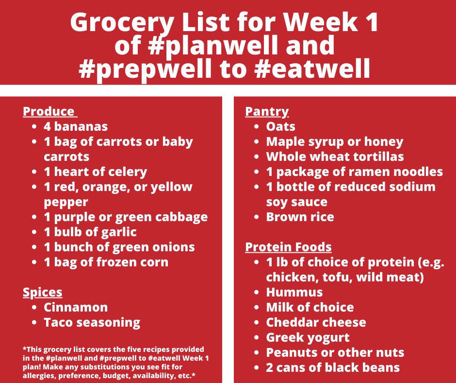 EatWellSask's tweet photo. If you want to try the new recipes in the first week of the #planwell and #prepwell to #eatwell series here’s the plan and a grocery list! https://t.co/vowjIglGjm