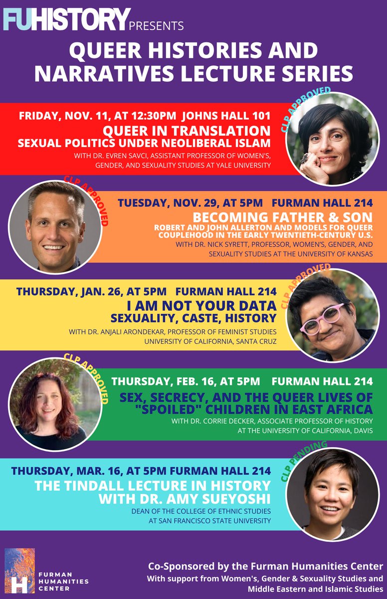 We're proud to sponsor 'Queer Histories and Narratives Lecture Series.' Join us for the CLP on Thursday, January 26 at 5pm to hear Dr. Anjali Arondekar! 
#furmanhumanities #humanities #globalhumanities #furmanhumanities #queerhistories #lectureseries #furmanuniversity #FuNews