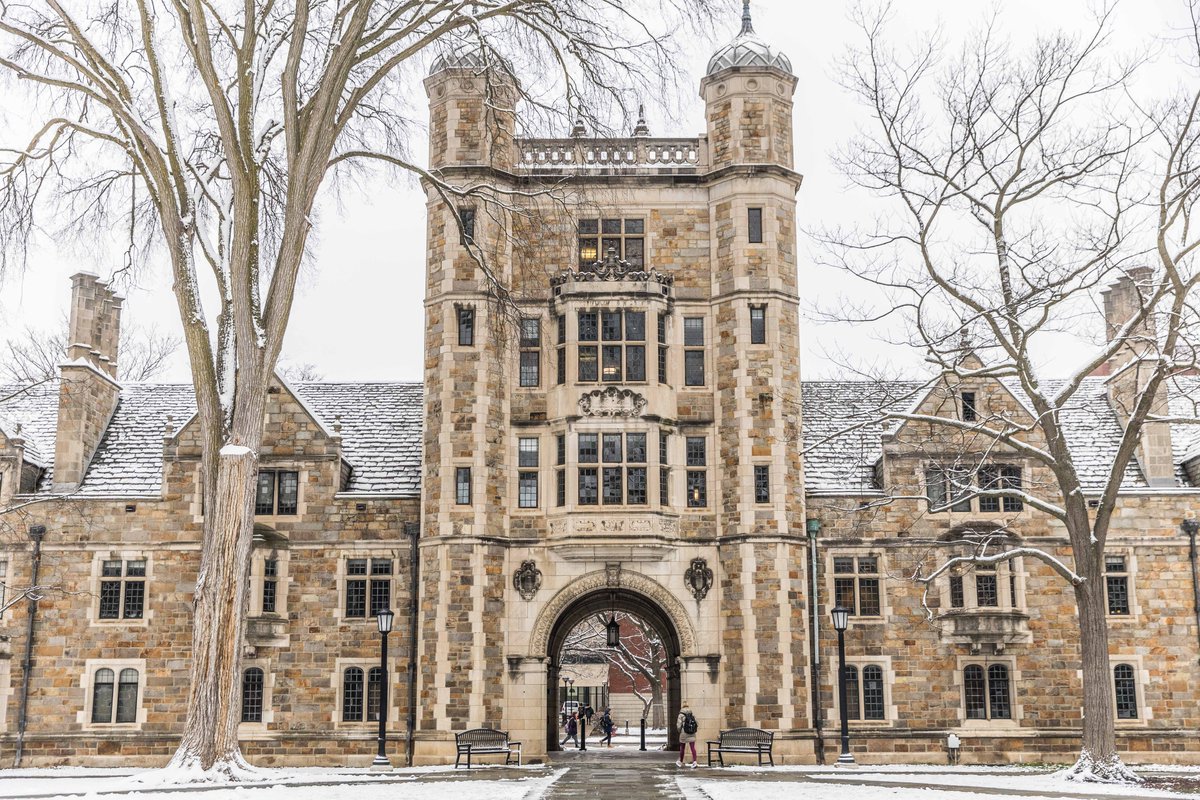 Snow lining the trees, grass, and Lawyers Club in the Law Quad