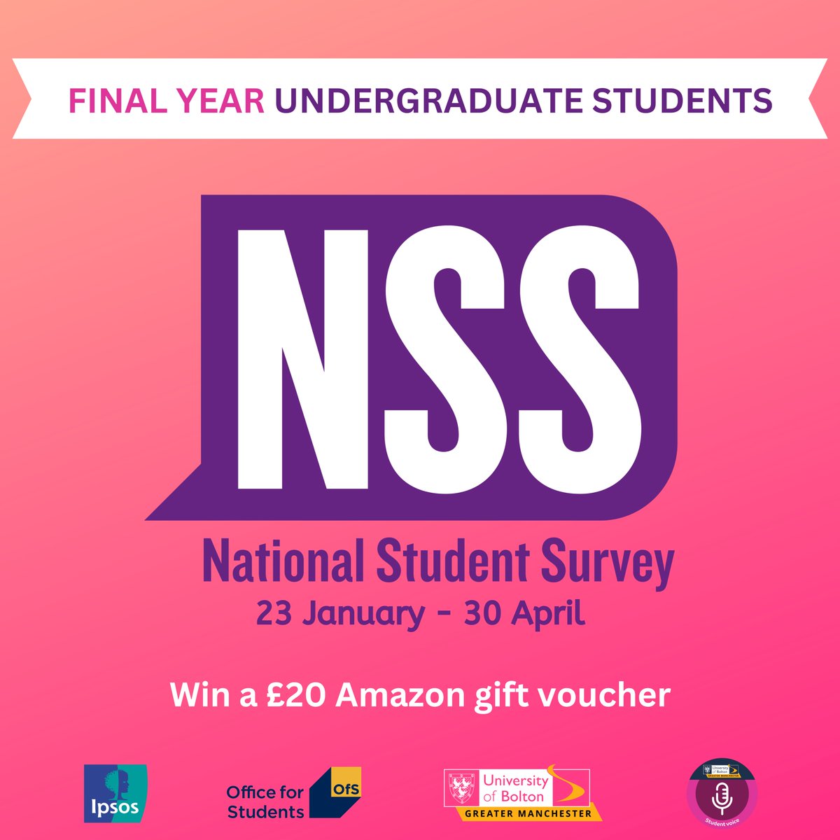 Calling final year undergraduate students 📣 Fill out the National Student Survey and enter the prize draw 🏆

Your feedback matters, and helps to make a difference for prospective and future students 🙋‍♀️

#YourViewsYourNSS