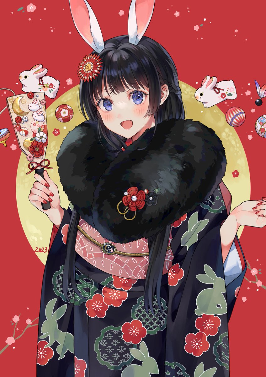 tsukino mito 1girl japanese clothes animal ears kimono black hair solo rabbit ears  illustration images