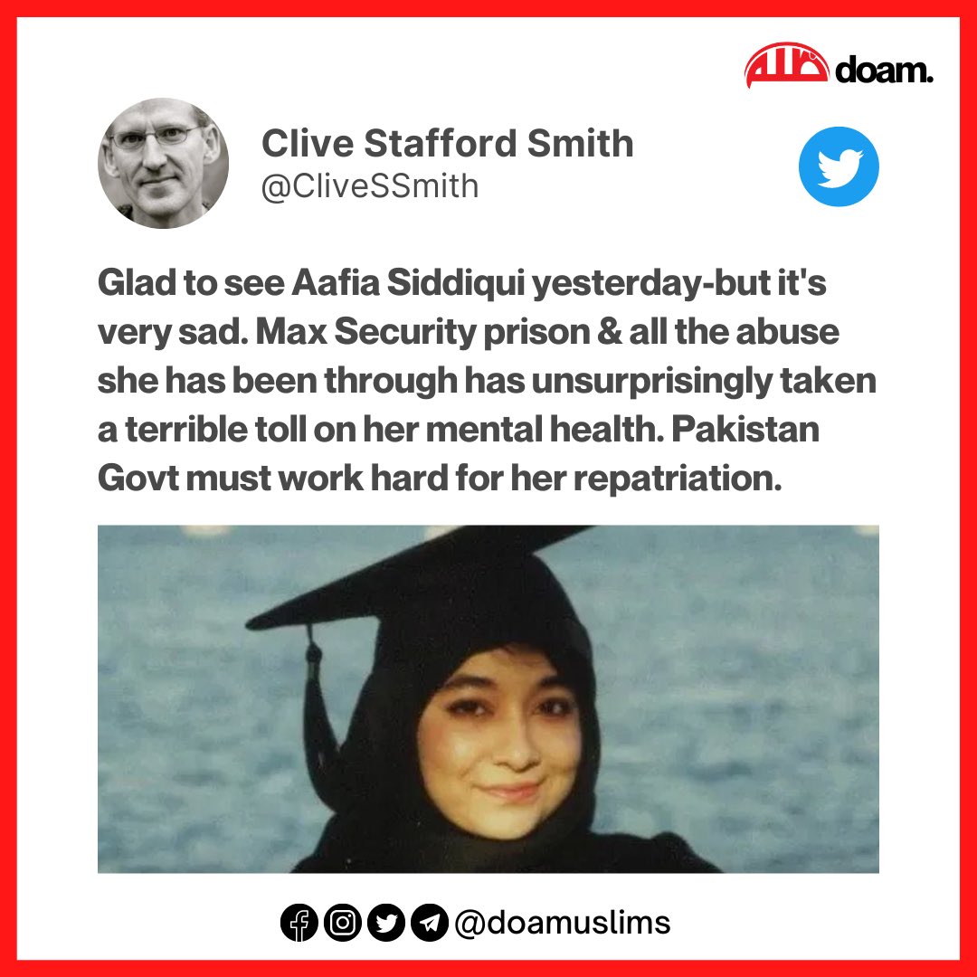 doamuslims's tweet photo. Human rights lawyer Clive Stafford Smith visited #AafiaSiddiqui in prison on 19th January 2023. He says the maximum security prison and all the abuse she has been through has taken a terrible toll on her mental health. 

The #Pakistan gov’t must work hard for her repatriation. https://t.co/2WhTGimWIL