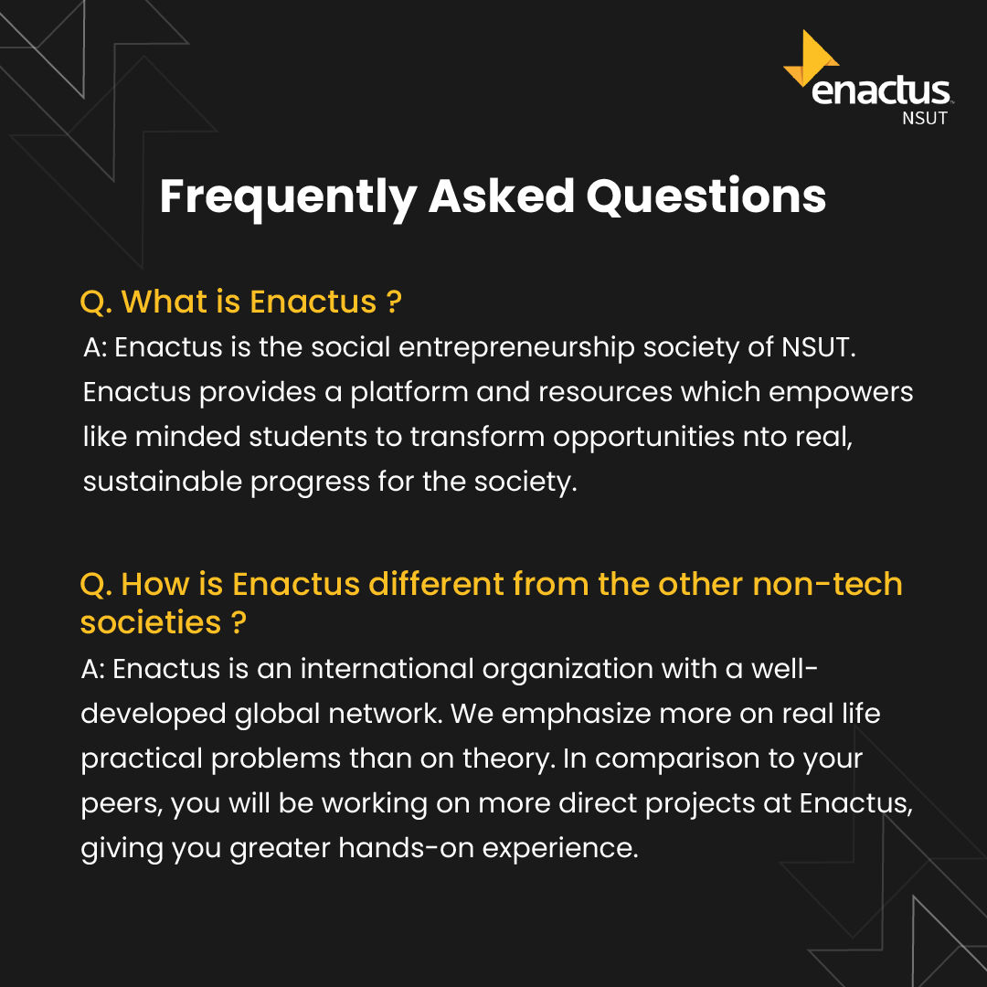 EnactusNSUT's tweet photo. The contributions of Enactus NSUT towards the social welfare and entrepreneurial action has always piqued the interest of freshers to know more about it. 

Here are some of the most frequently asked questions the understanding of "what, why and how" of Enactus NSUT. https://t.co/4QfqM7Lbs0