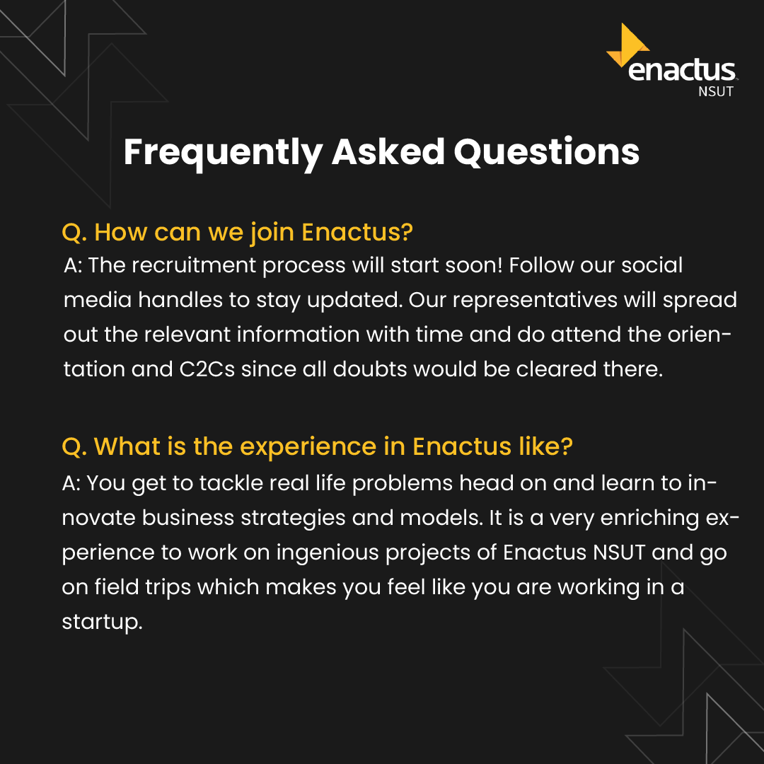 EnactusNSUT's tweet photo. The contributions of Enactus NSUT towards the social welfare and entrepreneurial action has always piqued the interest of freshers to know more about it. 

Here are some of the most frequently asked questions the understanding of "what, why and how" of Enactus NSUT. https://t.co/4QfqM7Lbs0