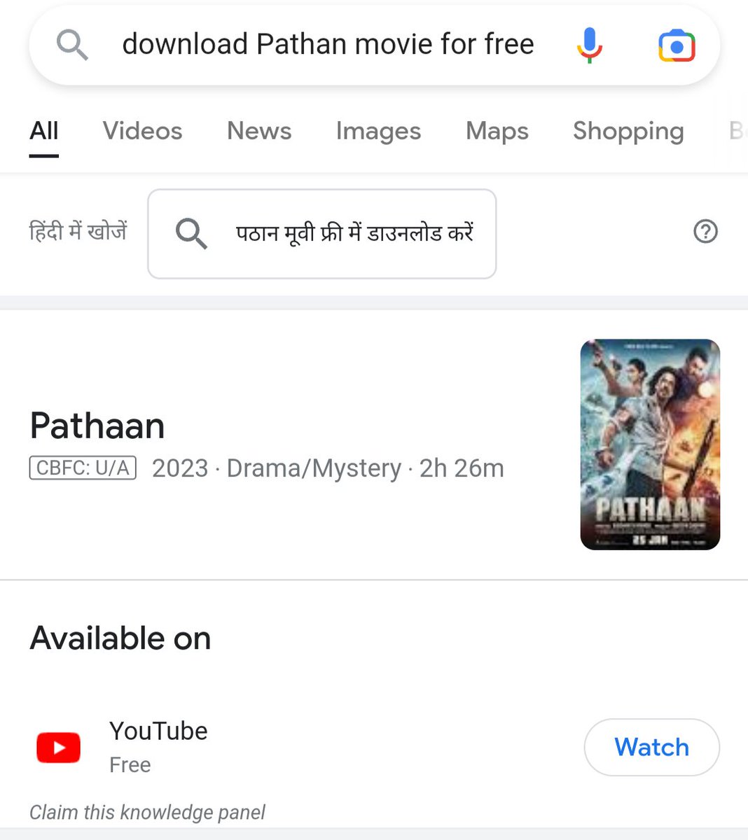 Availableavtar's tweet photo. Search "Download Pathan for free". It's available on YouTube.
See attachment.

 #BoycottPathan https://t.co/E6jRRjZzxM