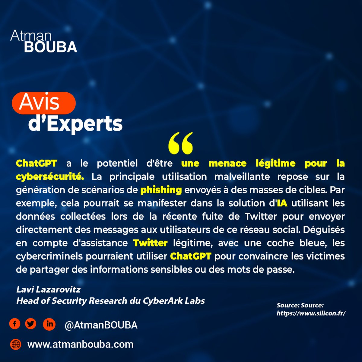 AtmanBOUBA's tweet image. Si la capacité de #ChatGPT à générer du code informatique est un avantage pour des #développeursweb, pour les experts de la #cybersécurité, c&apos;est une menace. 

🆎 #AtBOUBA #Histoire #TICs #HistoireTICs #numerique #digital #wasexo #digitallitteracy #intelligenceartificielle