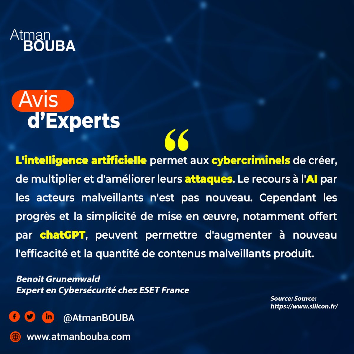 AtmanBOUBA's tweet image. Si la capacité de #ChatGPT à générer du code informatique est un avantage pour des #développeursweb, pour les experts de la #cybersécurité, c&apos;est une menace. 

🆎 #AtBOUBA #Histoire #TICs #HistoireTICs #numerique #digital #wasexo #digitallitteracy #intelligenceartificielle