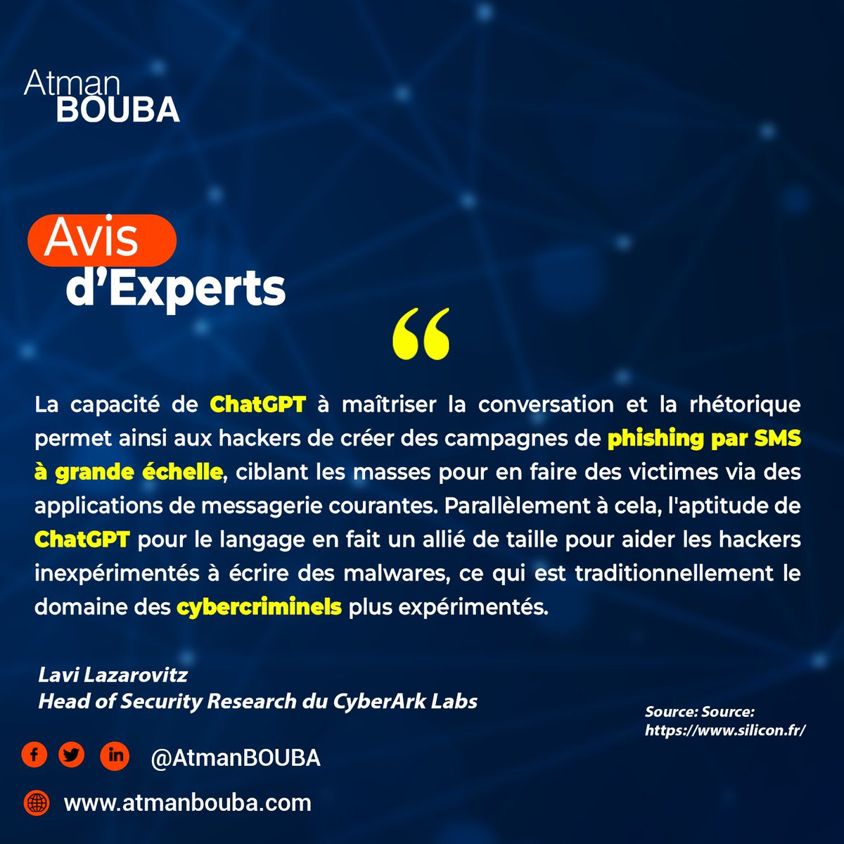 AtmanBOUBA's tweet image. Si la capacité de #ChatGPT à générer du code informatique est un avantage pour des #développeursweb, pour les experts de la #cybersécurité, c&apos;est une menace. 

🆎 #AtBOUBA #Histoire #TICs #HistoireTICs #numerique #digital #wasexo #digitallitteracy #intelligenceartificielle