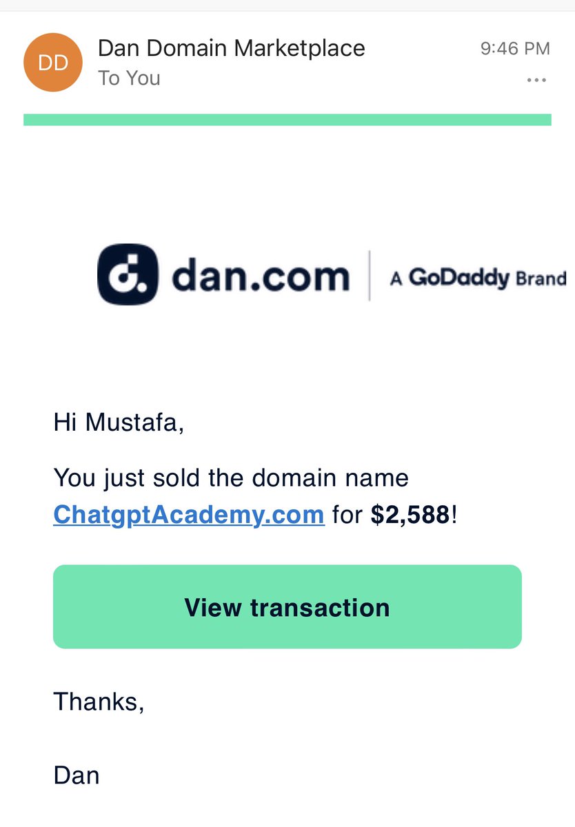 ✅ 

SOLD

Thank you so much <a href="/Undeveloped/">Dan.com - a GoDaddy brand</a> for transferring the funds less than an hour after i received the sales email. 

Hand reg, hold time less than 2 months. 6 extensions were already taken. I was expecting this sale. Thanks God and #ChatGPT 🙏

#Domains