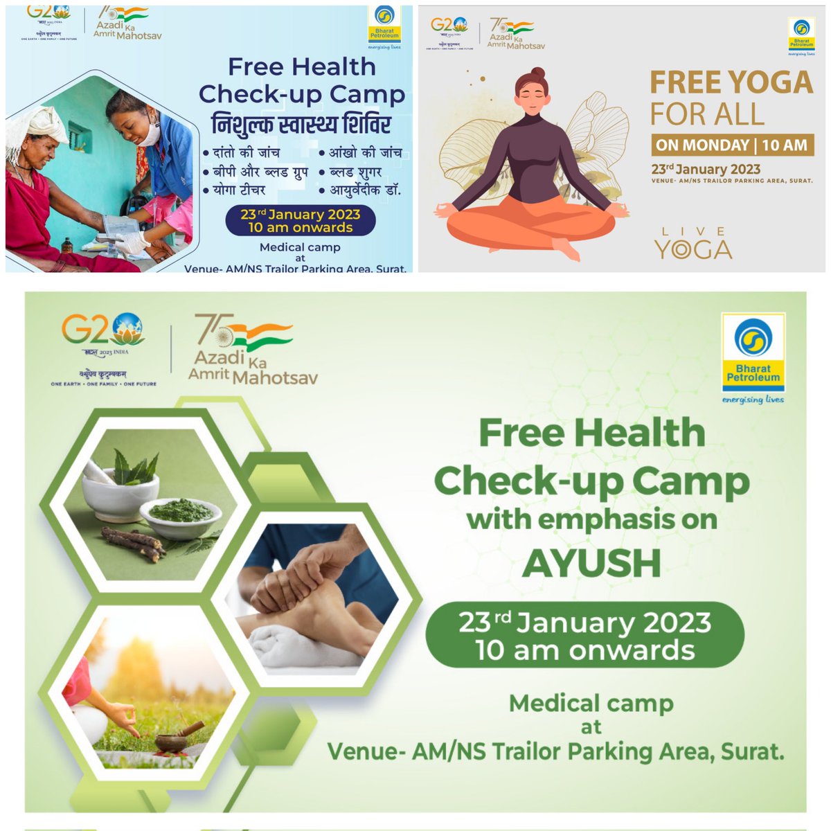 BPCLRETAILSURAT's tweet photo. Under #AKAM celebrations @BPCLimited organised Multispeciality Health camp, with special emphasis on AYUSH, at @AMNSIndia,Surat. 156 drivers benefited from specialist Doctors,Yoga Gurus and Ayurvedic Acharyas. 
@DPE_GoI @moayush @PetroleumMin @BPCLimited ⁦@RamanMalik02 https://t.co/xthynfc1a2