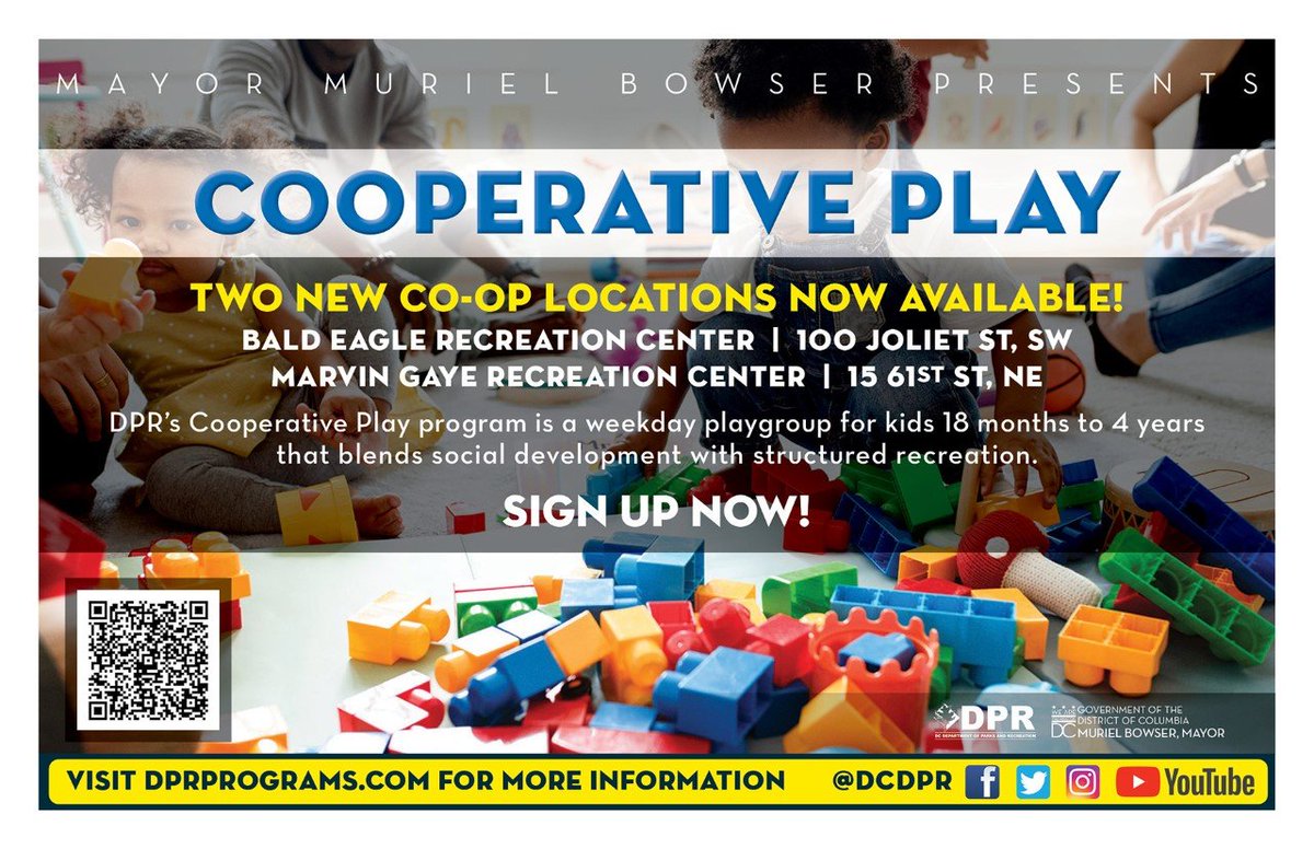 Mayor Muriel Bowser (@mayorbowser) on Twitter photo Calling all parents & families with children 18 months - 4 years old 📣
<a href="/DCDPR/">DC Parks & Recreation #WhereFunHappens</a> just added 2️⃣ new Cooperative Play Program locations.
Sign up now for a weekday play groups that will help advance your child's development ➡️ dprprograms.com Calling all parents & families with children 18 months - 4 years old 📣
<a href="/DCDPR/">DC Parks & Recreation #WhereFunHappens</a> just added 2️⃣ new Cooperative Play Program locations.
Sign up now for a weekday play groups that will help advance your child's development ➡️ dprprograms.com