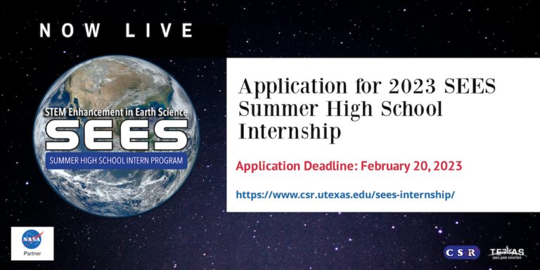 LearnWithNASA's tweet photo. High school internship opportunity!🚀

Current high school sophomores &amp; juniors are invited to apply for the 2023 SEES internship. Participants complete guided online coursework prior to onsite internships at @UTCSR in July. 

📅 Apply by Feb. 20 at https://t.co/NksxY23PK5. https://t.co/QVUXw4Hmby