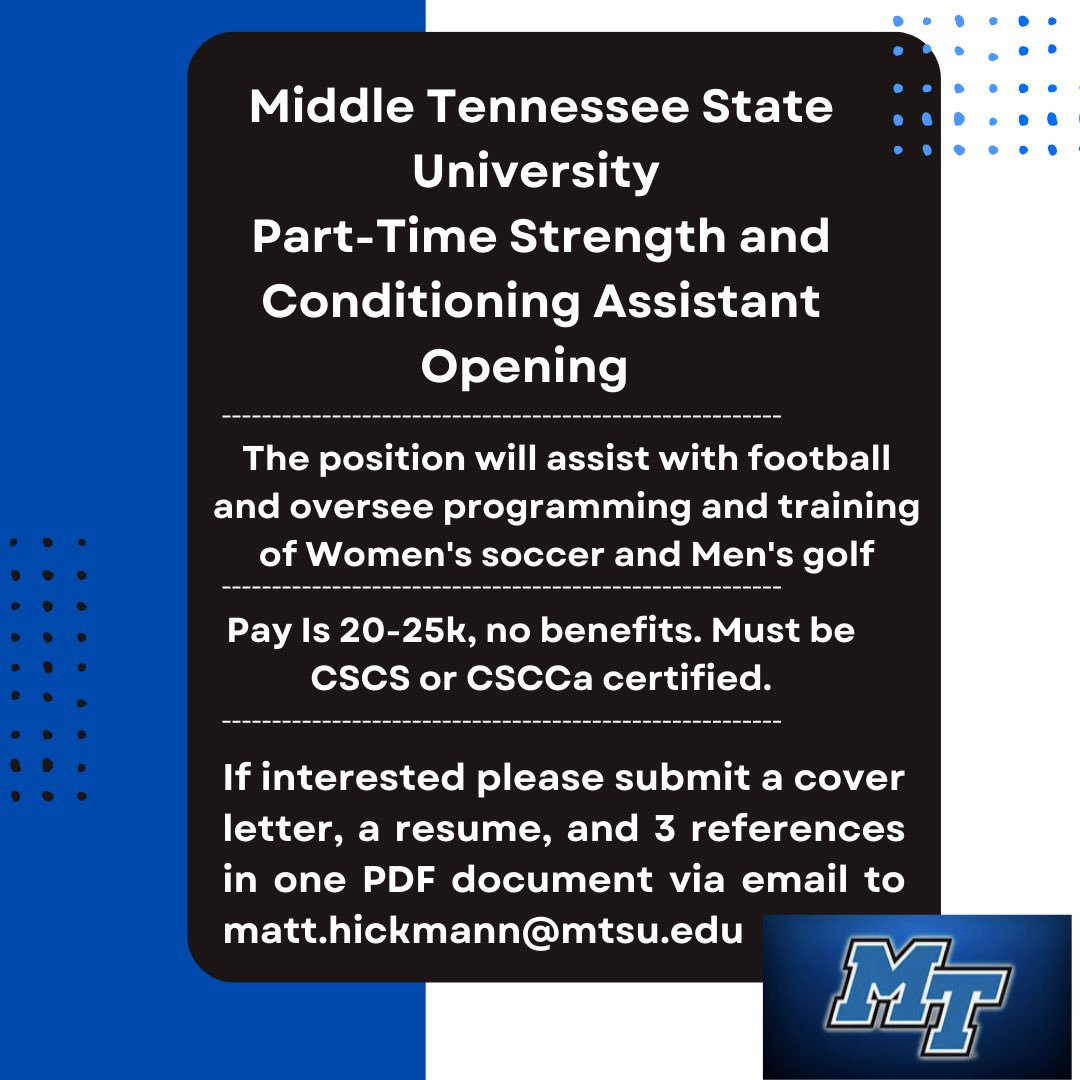 TessaKateee's tweet photo. Looking to add to our staff! If interested please email your resume, cover letter, and 3 references in one PDF to Matt.Hickmann@mtsu.edu https://t.co/8JMLO35nj2
