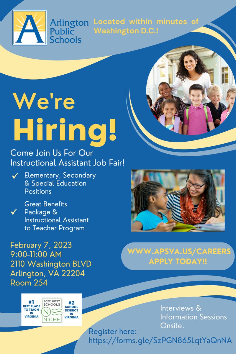 Come join us for our Instructional Assistant Job Fair on February 7th from 9-11! Register here: <a target='_blank' href='https://t.co/k9FHs9RS1R'>https://t.co/k9FHs9RS1R</a> <a target='_blank' href='http://twitter.com/APSVirginia'>@APSVirginia</a> <a target='_blank' href='http://search.twitter.com/search?q=apsisawesome'><a target='_blank' href='https://twitter.com/hashtag/apsisawesome?src=hash'>#apsisawesome</a></a> <a target='_blank' href='http://search.twitter.com/search?q=apsvacareers'><a target='_blank' href='https://twitter.com/hashtag/apsvacareers?src=hash'>#apsvacareers</a></a> <a target='_blank' href='https://t.co/SHdO4EOkP9'>https://t.co/SHdO4EOkP9</a>