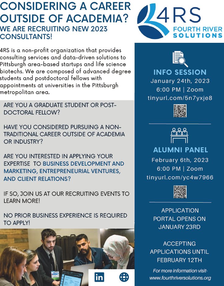 Student-run non-profit consulting group 4RS is recruiting volunteer consultants. Join the info session and learn more about this fantastic opportunity for your career development.