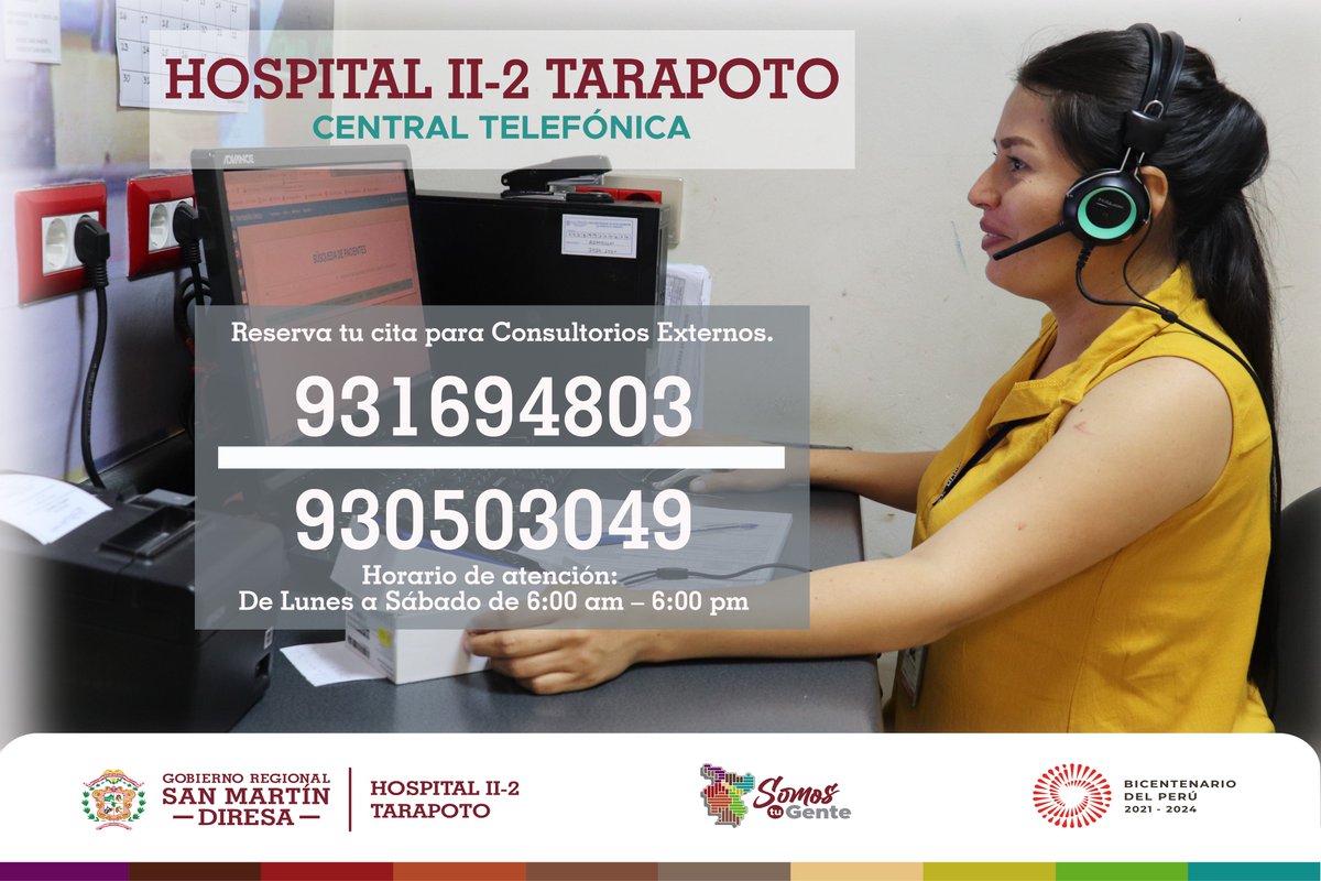 HRT_Oficial's tweet photo. #HospitalII2Tarapoto, pone a disposición de la población en general, los números de nuestra Central Telefónica para reservar citas en #ConsultoriosExternos.
Horario de Atención: de Lunes a Sábado de 6:00 am – 6:00 pm https://t.co/jXUzqrXR62