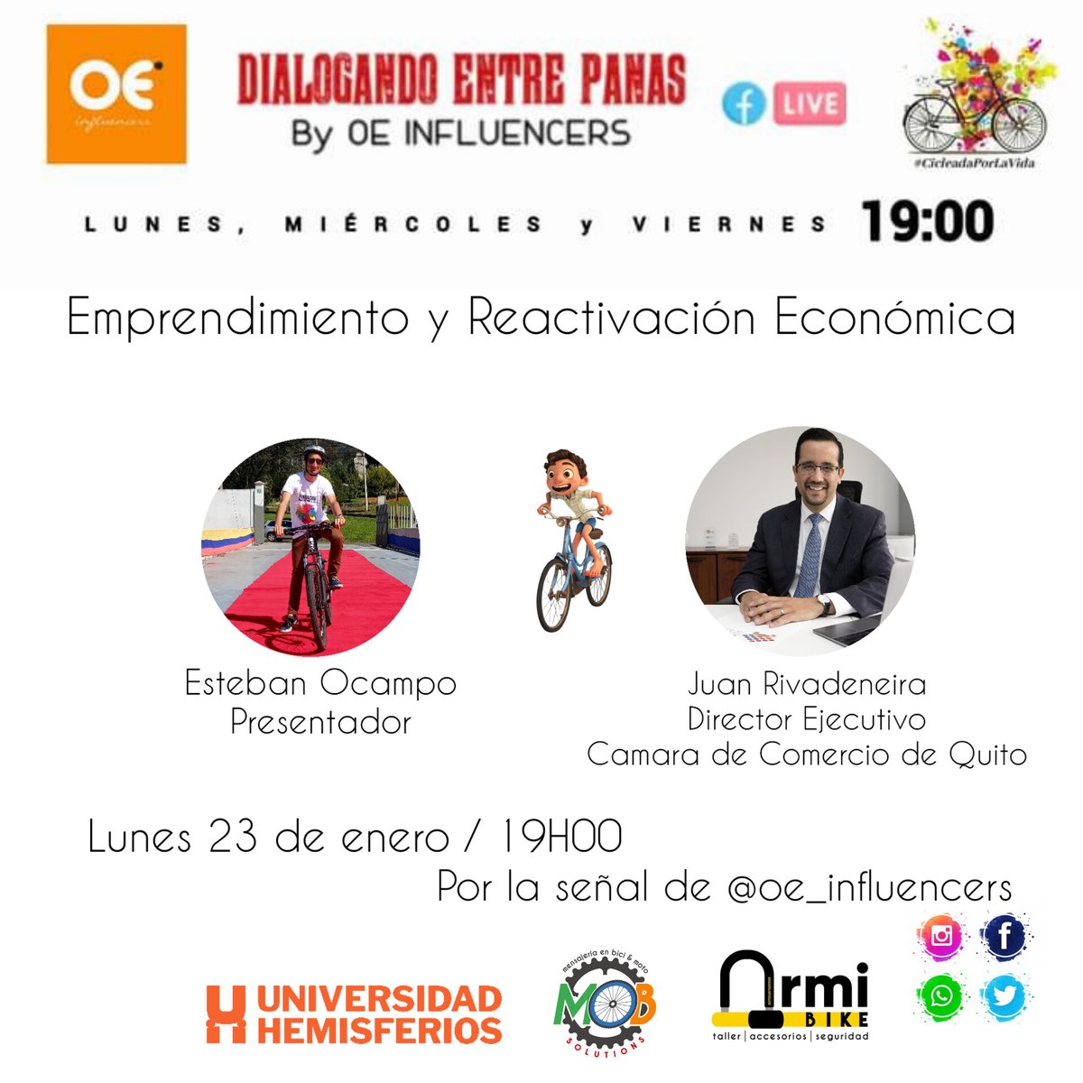 🔴Conéctate a nuestra Transmisión en Vivo

Tema: Emprendimiento y Reactivación Económica 

Invitado: Juan Rivadeneira, Director Ejecutivo @lacamaradequito

19H00

Por la señal de @oe_influencers 

 #CicleandoJuntos #OEINFLUENCERS #SomosProduccion #SomosComunicacion