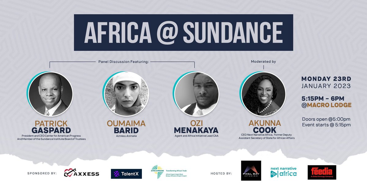 AkunnaCook's tweet photo. Africa is @sundancefest with insights from the brilliant @patrickgaspard #OumaimaBarid &amp; @Ozzzfest. Thanks to @afreximbank @CanexAfrica @Axxess @TalentxAfrica for supporting African creatives w/hosts @nextnarrativeAF #PixelRayStudio &amp; #Feedia happening today @ #MACROLodge 🌍 https://t.co/kiT66bUJu4