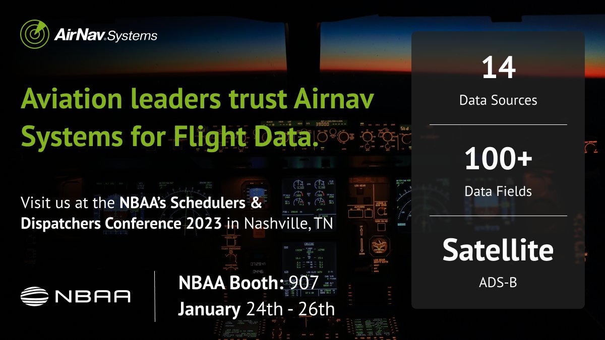 AirNavRadar's tweet photo. Your favourite flight tracking &amp; data company is heading to the NBAA Schedulers &amp; Dispatchers Conference tomorrow! 😀

Visit booth 907 to learn how our flight data and tracking solutions can drive your business to the next level.✈️

#NBAA #NBAASDC #Nashville #USA #Aviation https://t.co/RKA9wq0BrF
